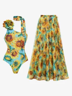 Ensemble maillot de bain jaune sexy à imprimé floral asymétrique et décolleté asymétrique