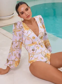 Ensemble maillot de bain jaune sexy drapé à col en V manches longues bouffantes