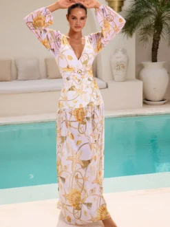 Ensemble maillot de bain jaune sexy drapé à col en V manches longues bouffantes