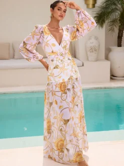 Ensemble maillot de bain jaune sexy drapé à col en V manches longues bouffantes