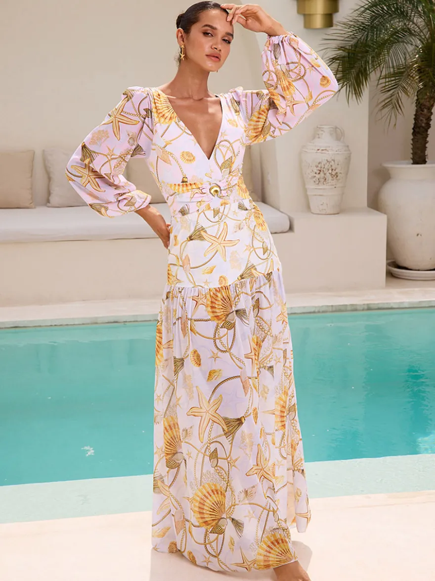 Ensemble maillot de bain jaune sexy drapé à col en V manches longues bouffantes