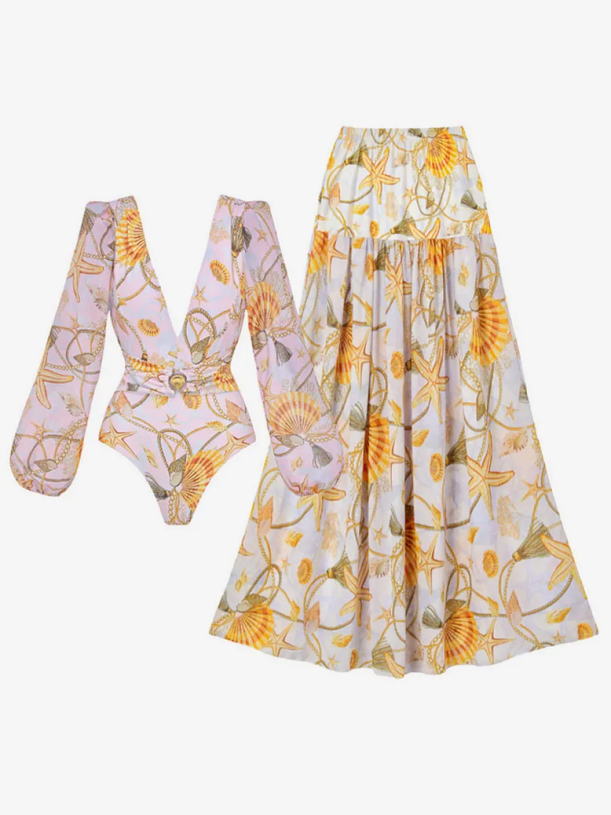 Ensemble maillot de bain jaune sexy drapé à col en V manches longues bouffantes