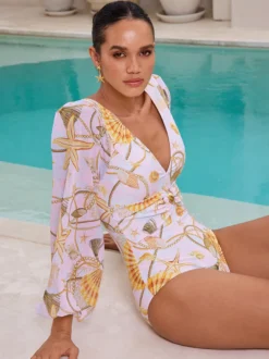 Ensemble maillot de bain jaune sexy drapé à col en V manches longues bouffantes