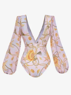 Ensemble maillot de bain jaune sexy drapé à col en V manches longues bouffantes