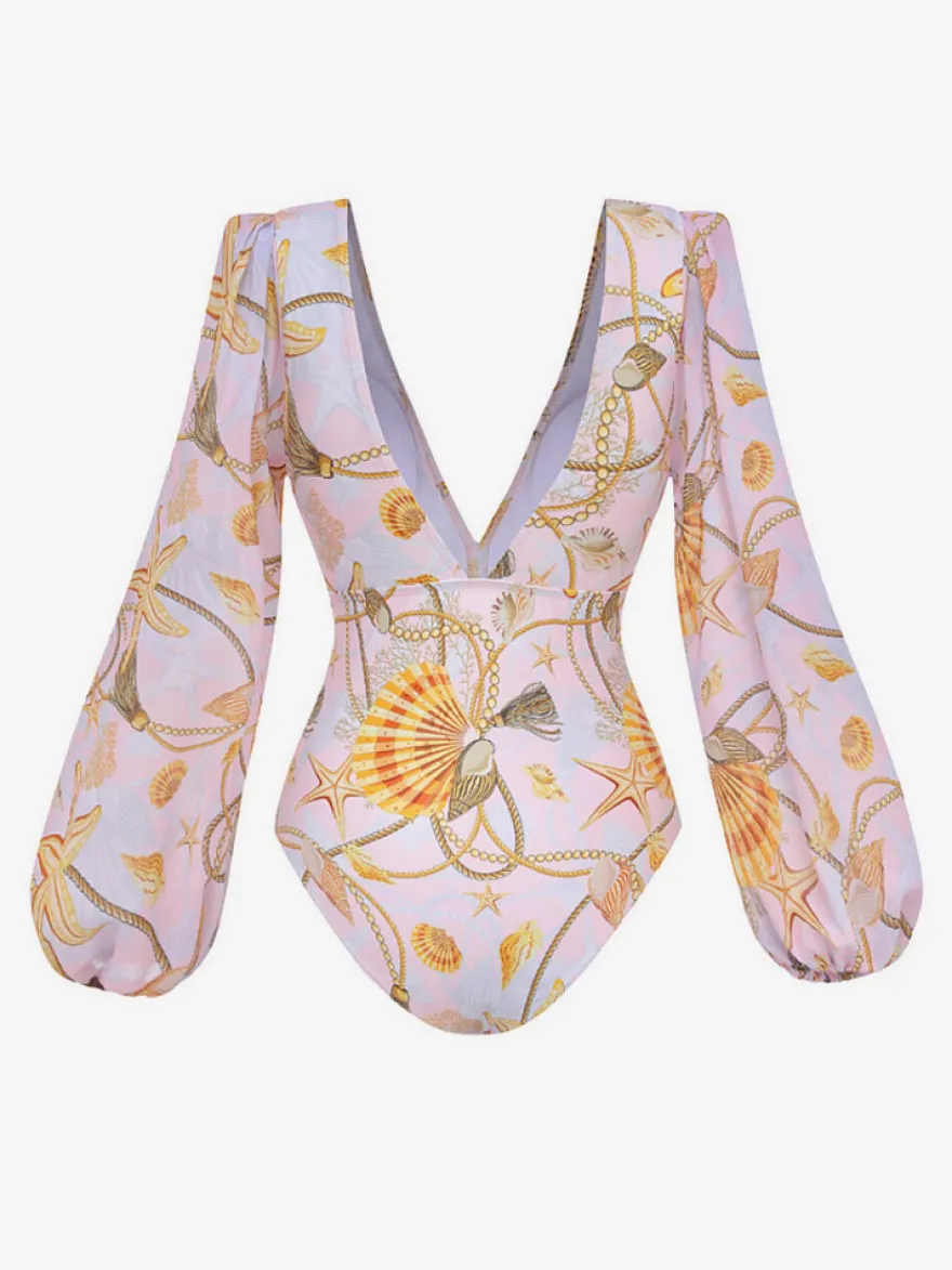 Ensemble maillot de bain jaune sexy drapé à col en V manches longues bouffantes