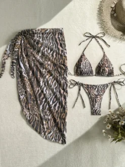 Ensemble maillot de bain 3 pièces imprimé léopard et tigre pour femme - Bikini triangle dos nu paréo long - Collection été 2026