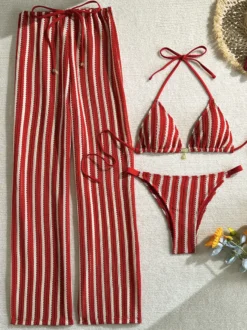 Ensemble maillot de bain 3 pièces au crochet pour femme - Bikini triangle rayé dos nu et paréo - Vacances d'été à la plage 2026