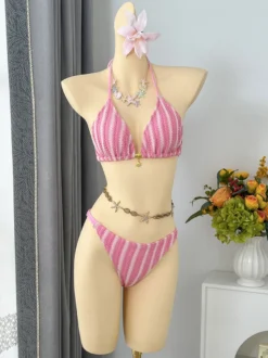 Ensemble maillot de bain 3 pièces au crochet pour femme - Bikini triangle rayé dos nu et paréo - Vacances d'été à la plage 2026