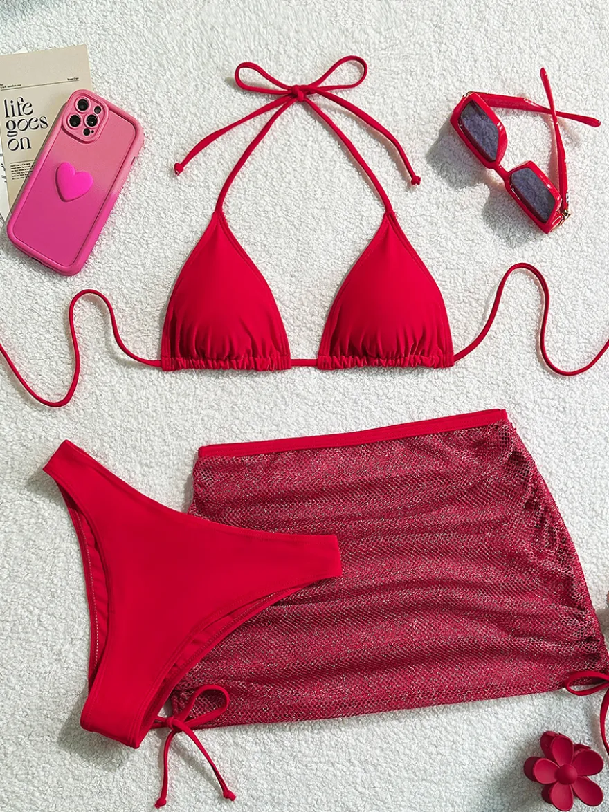 Ensemble maillot de bain 3 pièces simple bikini et mini-jupe transparente pour l'été 2026