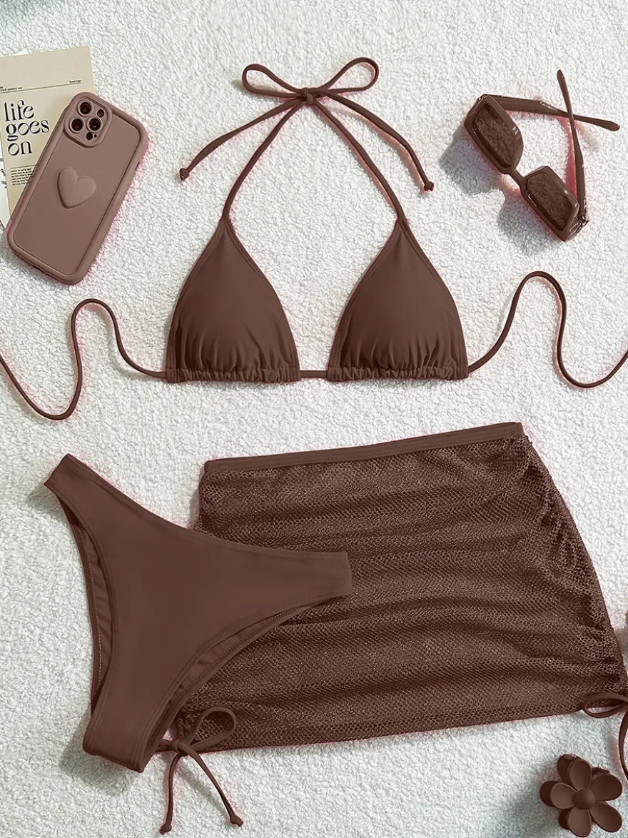 Ensemble maillot de bain 3 pièces simple bikini et mini-jupe transparente pour l'été 2026