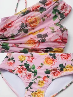 Ensemble maillot de bain rose sexy à imprimé floral asymétrique et décolleté asymétrique