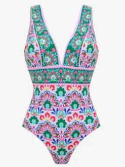 Ensemble maillot de bain vert sexy à lacets dos nu imprimé col en V sans manches