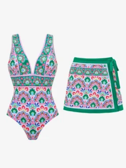 Ensemble maillot de bain vert sexy à lacets dos nu imprimé col en V sans manches