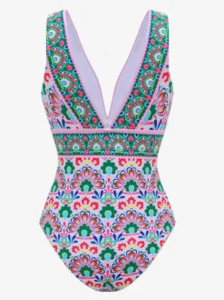 Ensemble maillot de bain vert sexy à lacets dos nu imprimé col en V sans manches