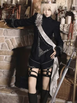Ensemble Ouji Lolita Gothique Noir à Manches Longues Haut et Pantalon de Chevalier