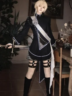 Ensemble Ouji Lolita Gothique Noir à Manches Longues Haut et Pantalon de Chevalier