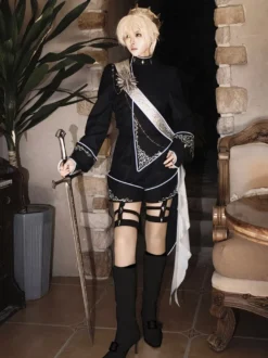 Ensemble Ouji Lolita Gothique Noir à Manches Longues Haut et Pantalon de Chevalier