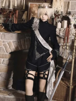 Ensemble Ouji Lolita Gothique Noir à Manches Longues Haut et Pantalon de Chevalier