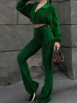 Ensemble pantalon et sweat à capuche court en velours pour femme coupe évasée fermeture éclair et cordon de serrage survêtement deux pièces
