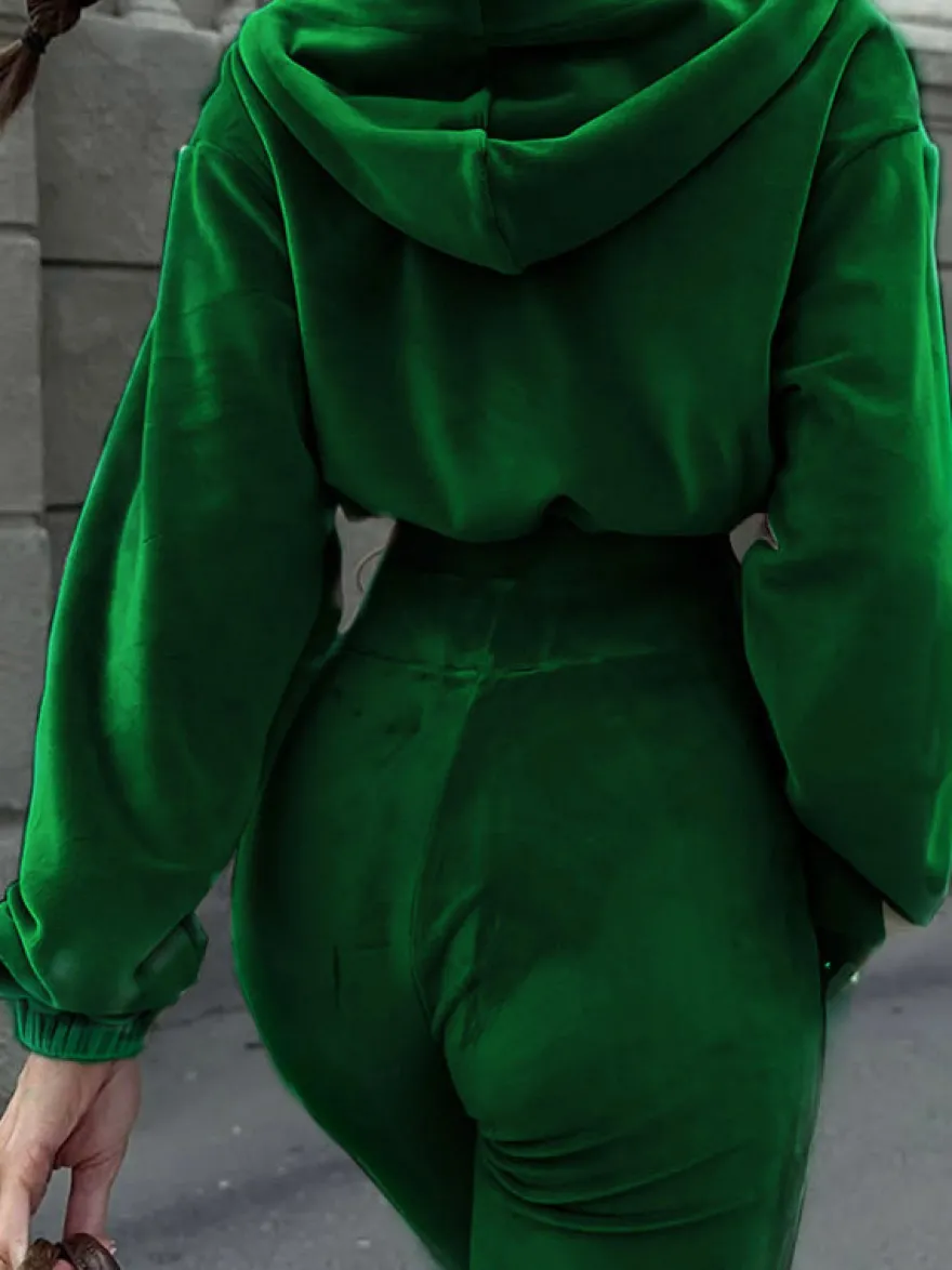 Ensemble pantalon et sweat à capuche court en velours pour femme coupe évasée fermeture éclair et cordon de serrage survêtement deux pièces