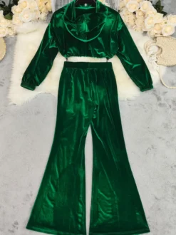 Ensemble pantalon et sweat à capuche court en velours pour femme coupe évasée fermeture éclair et cordon de serrage survêtement deux pièces