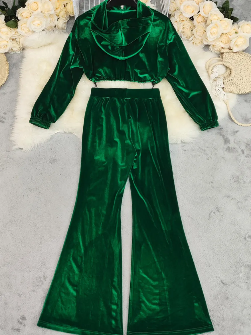 Ensemble pantalon et sweat à capuche court en velours pour femme coupe évasée fermeture éclair et cordon de serrage survêtement deux pièces