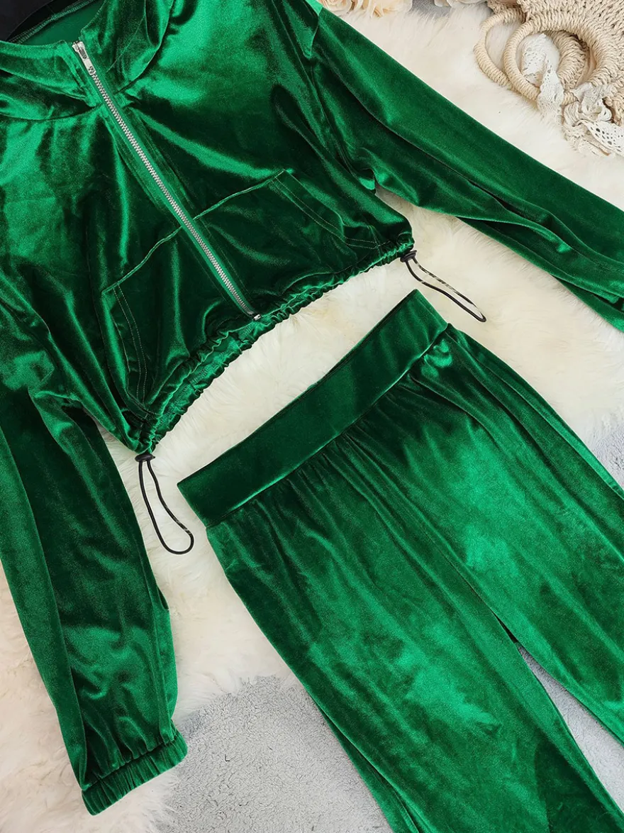 Ensemble pantalon et sweat à capuche court en velours pour femme coupe évasée fermeture éclair et cordon de serrage survêtement deux pièces