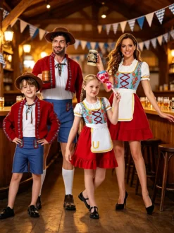 Ensemble pantalon rouge style européen pour garçon et adulte idéal pour l'Oktoberfest et les fêtes.
