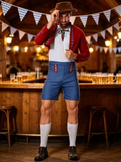 Ensemble pantalon rouge style européen pour garçon et adulte idéal pour l'Oktoberfest et les fêtes.