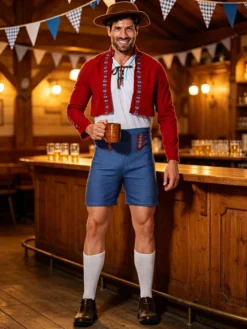 Ensemble pantalon rouge style européen pour garçon et adulte idéal pour l'Oktoberfest et les fêtes.