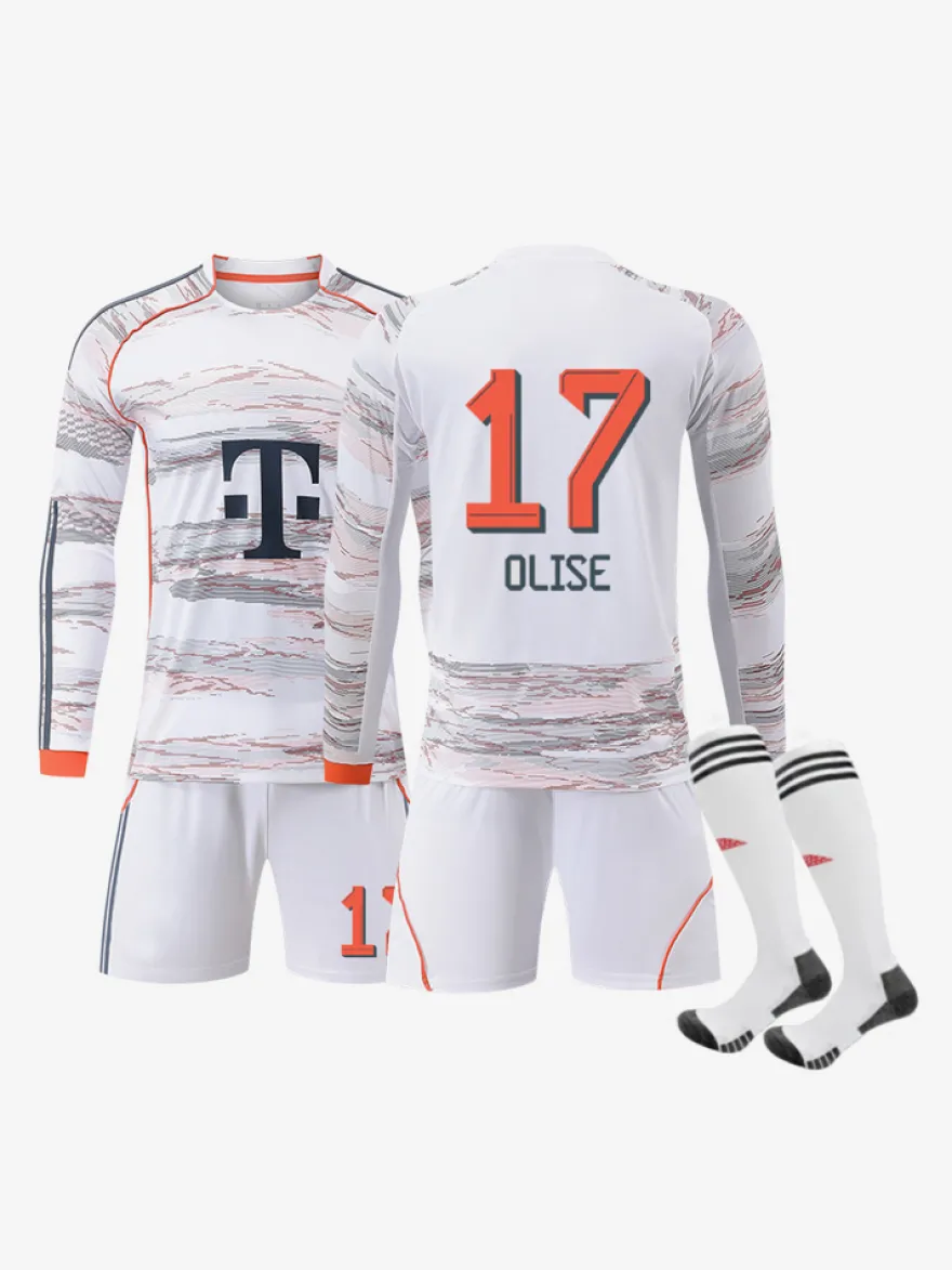 Ensemble 3 pièces blanc personnalisé à manches longues pour adultes et enfants (25/26) n° 10 Musiala n° 17 Olise Football Club