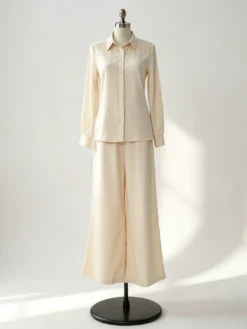 Ensemble 2 pièces en lin et coton pour femme - Chemise élégante à manches longues et ceinture et pantalon large - Style été 2026