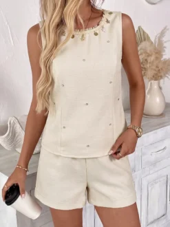 Ensemble 2 pièces en lin pour femme : débardeur sans manches à bordure d'étoiles perlées et short à taille élastique