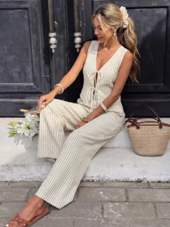 Ensemble 2 pièces en lin pour femme : gilet rayé sans manches à col en V et nœud sur le devant pantalon large