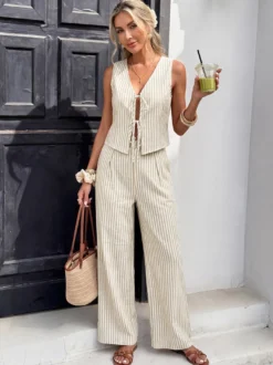 Ensemble 2 pièces en lin pour femme : gilet rayé sans manches à col en V et nœud sur le devant pantalon large
