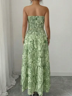 Ensemble 2 pièces fleuri : haut bustier smocké sans bretelles et jupe longue taille haute