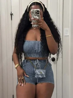 Ensemble 2 pièces pantalon bleu sexy streetwear en denim à bretelles et sans manches