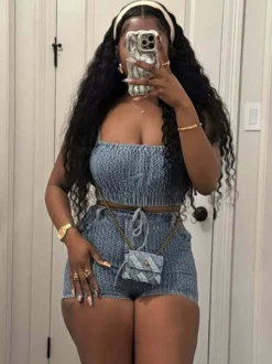 Ensemble 2 pièces pantalon bleu sexy streetwear en denim à bretelles et sans manches
