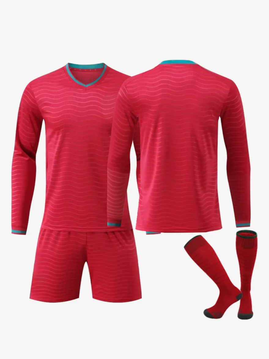 Ensemble 3 pièces personnalisé de maillot domicile de l'équipe nationale de football 25/26 manches longues rouge