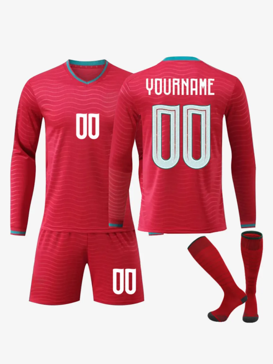 Ensemble 3 pièces personnalisé de maillot domicile de l'équipe nationale de football 25/26 manches longues rouge