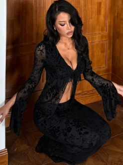 Ensemble 2 pièces pour femme à imprimé floral noir floqué - Haut à manches évasées et nœud sur le devant jupe longue - Style gothique en résille transparente idéal pour les soirées 2026