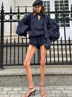 Ensemble 2 pièces short et chemise à manches bouffantes short élastique style décontracté pour femme