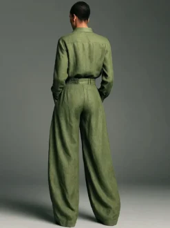 Ensemble 2 pièces vert olive pour femme - Chemise boutonnée et pantalon rétro taille haute à jambes larges - Tenue décontractée printemps 2026