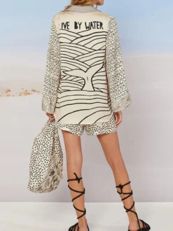 Ensemble pyjama en satin imprimé pour femme - Chemise à manches longues et col en V à motif côtier et short - Soirée croisière d'été 2026