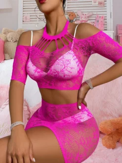 Ensemble pyjama noir en nylon transparent 2 pièces lingerie en maille résille transparente