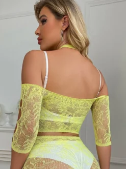 Ensemble pyjama noir en nylon transparent 2 pièces lingerie en maille résille transparente