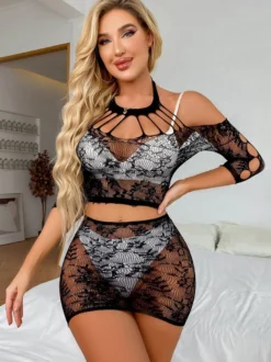 Ensemble pyjama noir en nylon transparent 2 pièces lingerie en maille résille transparente