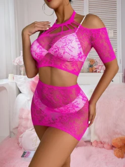 Ensemble pyjama noir en nylon transparent 2 pièces lingerie en maille résille transparente