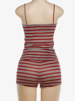 Ensemble pyjama 2 pièces femme : short court à fines bretelles rayées vêtement d'intérieur et nuit