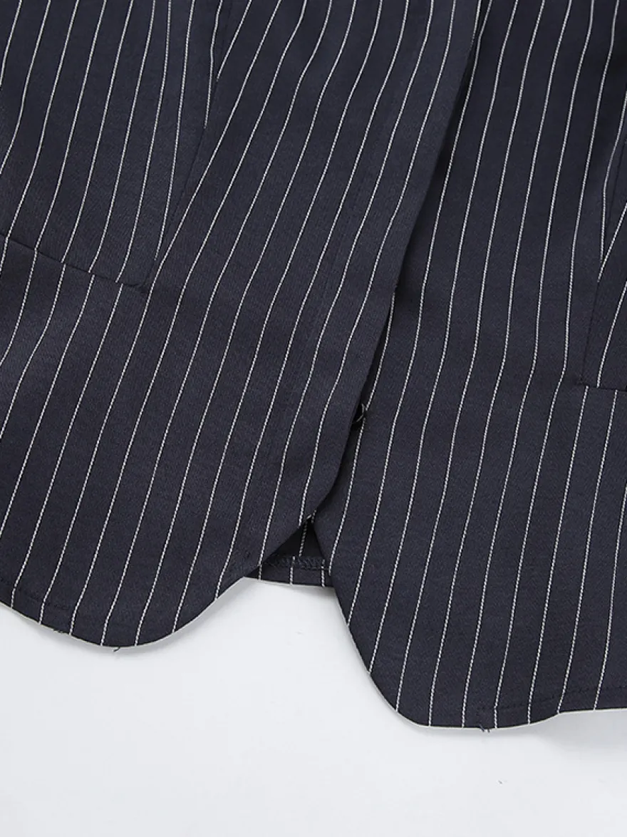 Ensemble robe blazer à fines rayures et tailleur jupe pour femme - Bleu marine chic col foulard coupe ajustée - Collection printemps 2026